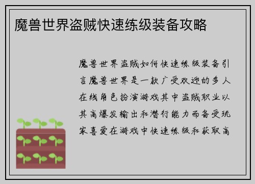 魔兽世界盗贼快速练级装备攻略
